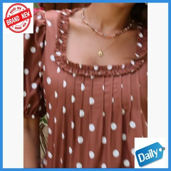 Babydoll Mini Dress with Pockets, Polka Dot, Square Neck, Short Sleeve - Picture 6 of 6